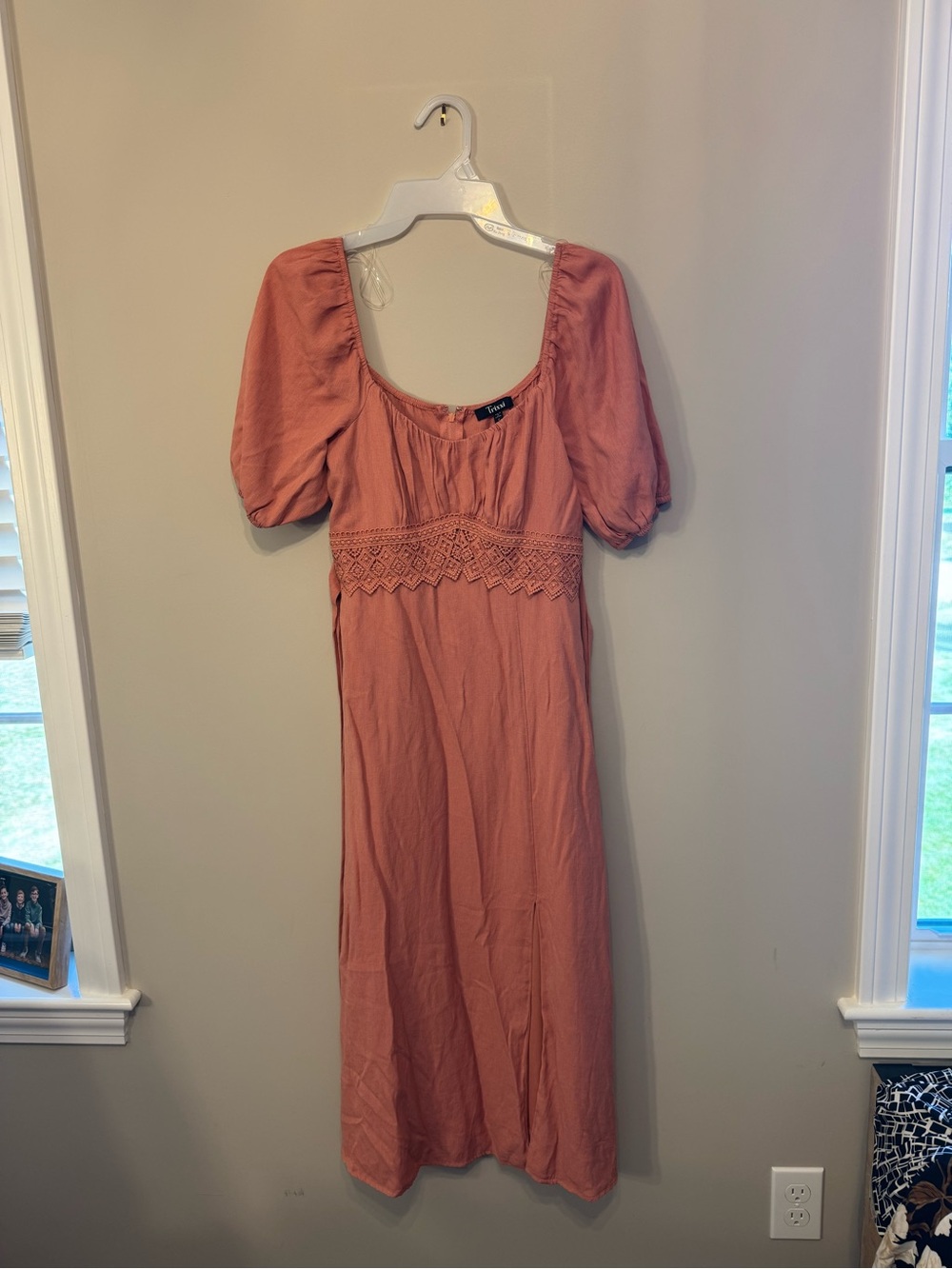 Trixxi Pink Puff Sleeve Crochet Waist Midi Dress Small